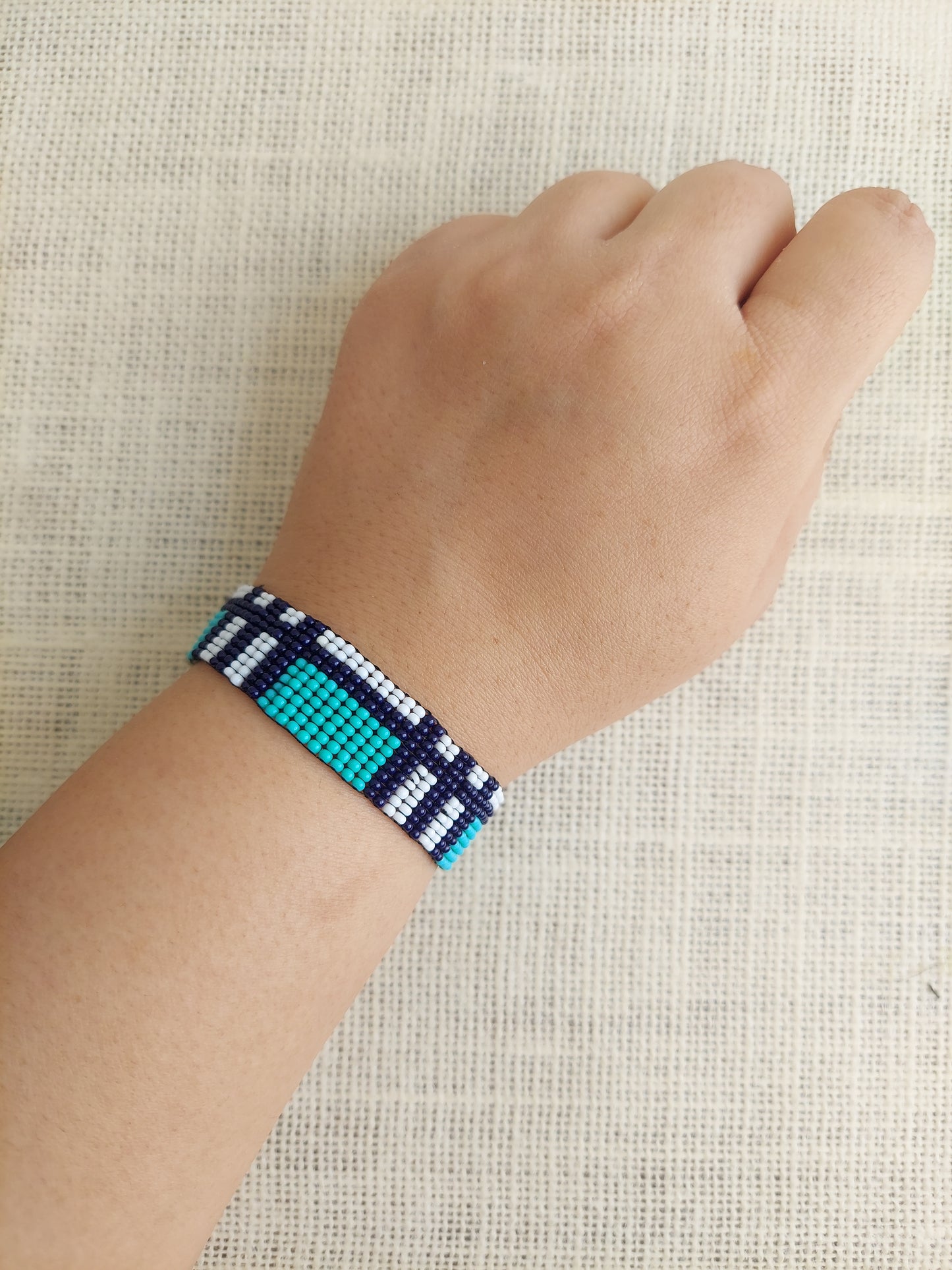 Turquoise Checkered Bead Loom Bracelet