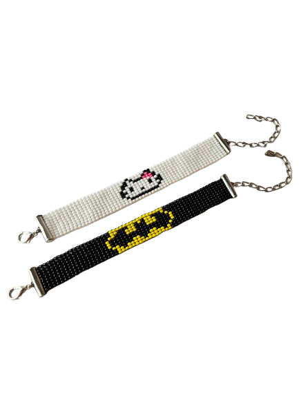 Batman and Kitty Bead Loom Couple Bracelet, Black and White