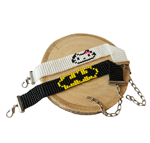 Batman and Kitty Bead Loom Couple Bracelet, Black and White